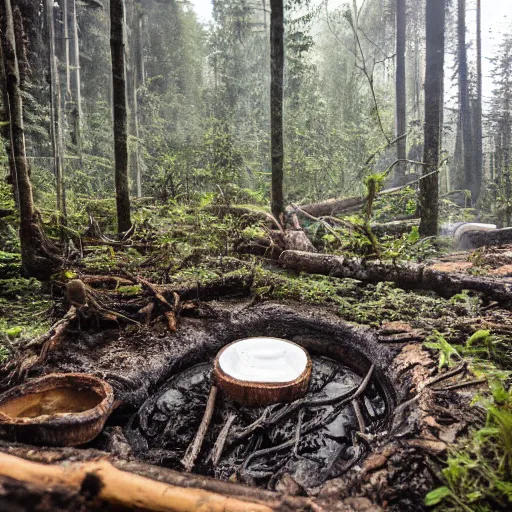 Image similar to pristine porcelain bath filled with bubbles in a clearcut rainforest, slash and burn, cleared forest, deforestation, tree stumps, smouldering charred timber