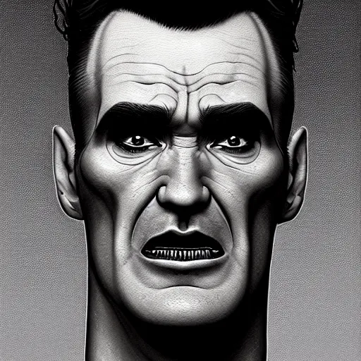 Image similar to portrait of a handsome morrissey as a zombie with cuts and with a large quiff and thick eyebrows, 7 days to die zombie, fine art, award winning, intricate, elegant, sharp focus, cinematic lighting, digital painting, 8 k concept art, art by z. w. gu, art by brom, art by michael hussar, 8 k