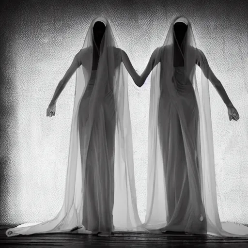 Image similar to award winning photo Hovering twins, buxom nuns, wearing translucent veils, see through dress, Very long arms, bedroom, wood door, eerie, frightening, highly detailed, photorealistic —width 1024 —height 1024