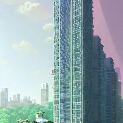 Prompt: a beautiful highly detailed matte painting of a tokyo highrise building with windows, vibrant pastel styling by atey ghailan, cliff chiang, loish and goro fujita, white, white cyan, pink and light green pastel mystical tones, featured on artstation, featured on behance, vray render, green vines wrap around buildings