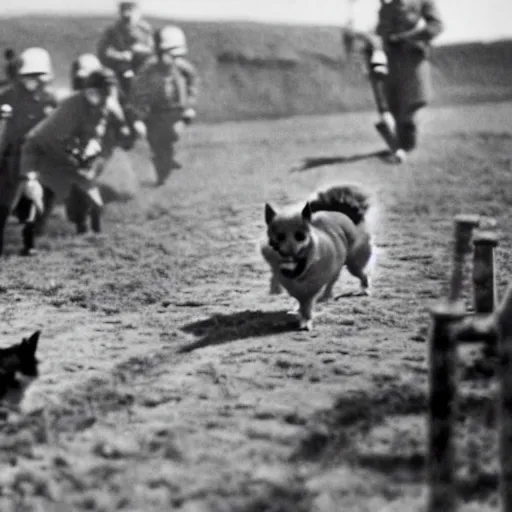 Image similar to historical photo of queen elizabeth and her corgis defeating hitler in battle, natural sunlight, sharp focus, highly detailed, depth of field