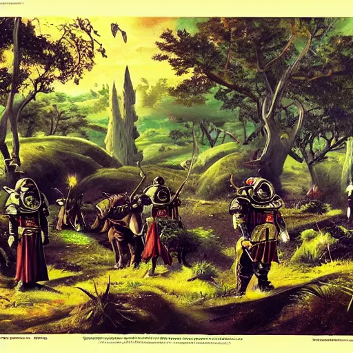 Prompt: ottoman imperium space marine, lush pastoral woodland scene, pulp science fiction illustration