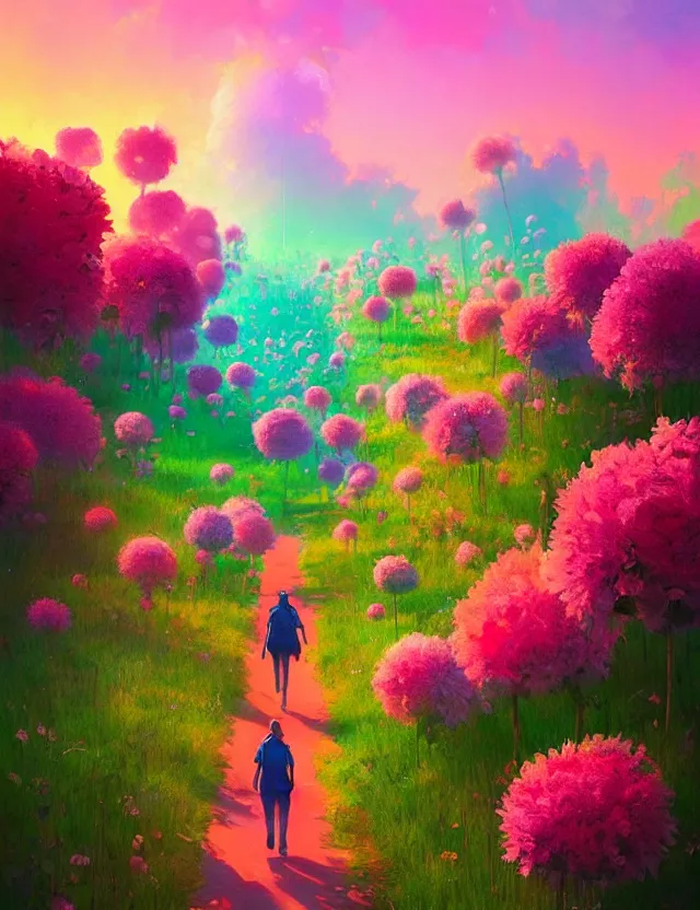 Prompt: a walk among giant flowers, surreal photography, sunrise, bright light, impressionist painting, colorful clouds, digital painting, artstation, simon stalenhag