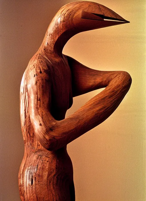 Image similar to realistic photo portrait of the a sculpture of a person morphing into a bird made of wood, poorly designed standing in the wooden polished and fancy expensive wooden interior room 1 9 9 0, life magazine reportage photo