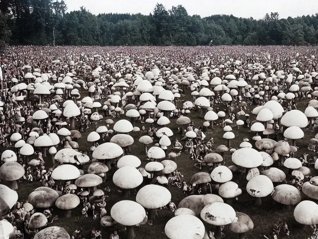 Prompt: trippy 70s photograph of hippy festival woodstock with giant mushrooms