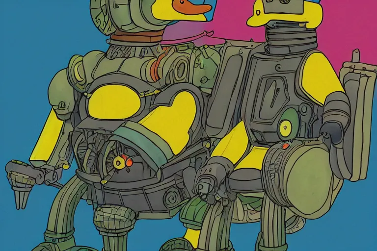 Image similar to illustration of a heavily armoured mechanical duck by studio ghibli, ominous, vivid colors, colorful