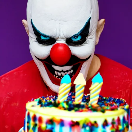 Image similar to photo of an evil clown holding a birthday cake