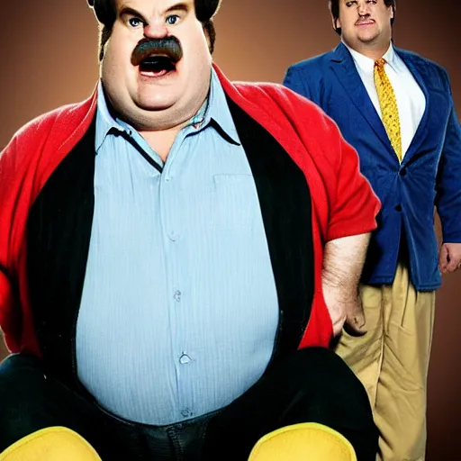 Prompt: live-action-Wario-hollywood movie casting, played by Chris Farley, posing for poster photography