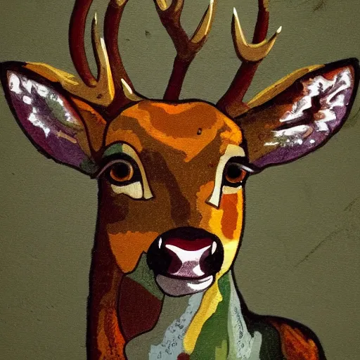 Image similar to deer smoking a cigarette, stylized, artistic, expressive, contrasting colors, brown and green, rule of thirds, dripping paint, masterful art