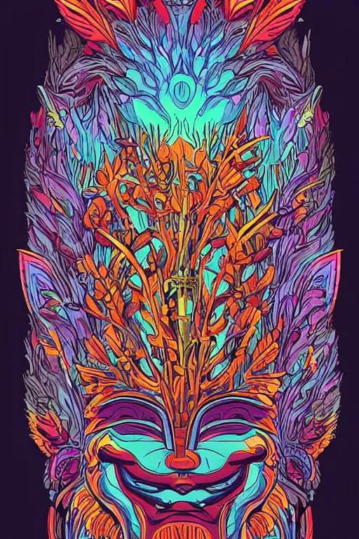 Image similar to animal mask totem roots flower tribal feather gemstone plant wood rock shaman vodoo video game vector cutout illustration vivid multicolor borderlands comics by josan gonzales and dan mumford radiating a glowing aura