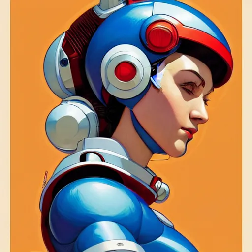 Image similar to head and shoulders portrait of a female Megaman, illustration, medium shot, intricate, elegant, highly detailed, digital art, ffffound, art by JC Leyendecker and sachin teng