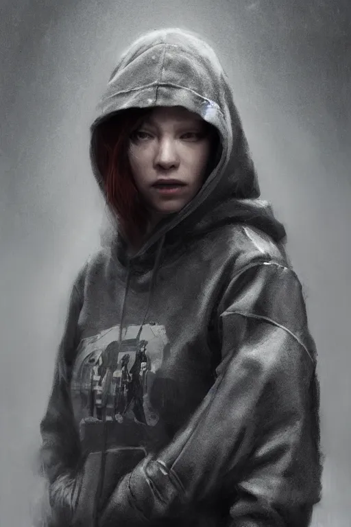 Image similar to A portrait of a women wearing a techwear hoody by Greg Rutkowski, Sung Choi, Mitchell Mohrhauser, Maciej Kuciara, Johnson Ting, Maxim Verehin, Peter Konig, Resident evil , 8k photorealistic, cinematic lighting, HD, high details, dramatic, atmospheric , trending on artstation