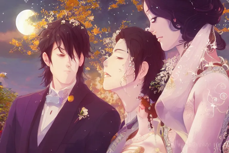 Image similar to a dreamlike portrait of wedding close up moment of a divine a japan sun god and moon goddess lovers magician at a wedding banquet. highly detailed, digital painting, fantasy wedding screen, 8 k realistic, hyper detailed, by makoto shinkai and akihiko yoshida and hidari and wlop