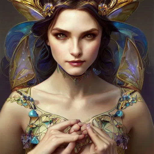 Prompt: portrait of faerie queen, elegant, intricate, headshot, blue sky background, highly detailed, digital painting, artstation, concept art, sharp focus, illustration, art by artgerm and greg rutkowski and alphonse mucha h 7 6 8