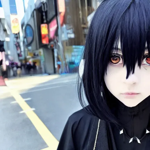 Image similar to 1 7 - year - old anime goth girl, black hair, long bob cut, long bangs, gothic coat, holding, shibuya street, blue sunshine, strong lighting, strong shadows, vivid hues, raytracing, sharp details, subsurface scattering, intricate details, hd anime, very - high - budget anime movie, 2 0 2 1 anime