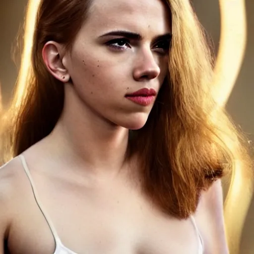 Image similar to a woman who is a genetic combination of scarlett johansson and emma watson face and upper - body focus