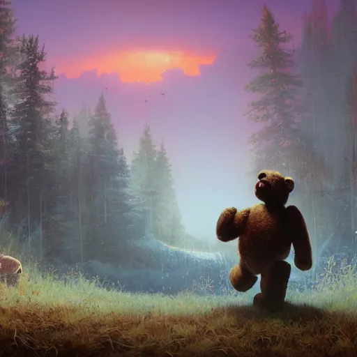 Prompt: a paint of dan mumford, of a robotic teddy bear painting a picture of a cute bear, in the background an apocalyptic panorama, octane render, unreal engine 5, greg rutkowski