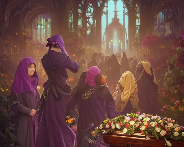 Prompt: a funeral with coffin, flowers and mourners inside a supermarket, photography of kurzgesagt, deep focus, d & d, fantasy, intricate, elegant, highly detailed, digital painting, artstation, concept art, matte, sharp focus, illustration, hearthstone, art by artgerm and greg rutkowski and alphonse mucha