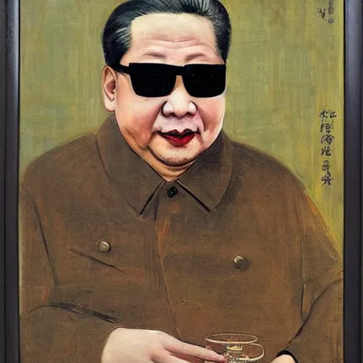 Prompt: xi jinping wearing sunglasses and holding a maotai wine by antonio mancini 1 8 7 4