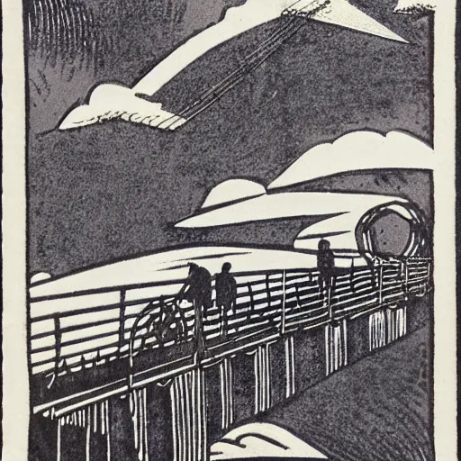 Image similar to small steel suspension bridge built in 1 9 2 8, side view, puffy clouds in background, dooby is flying in the sky, woodcut style, rubber stamp, 8 k