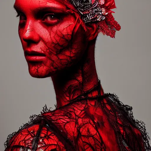 Image similar to a female model by stefan geselle and nekro borja, photorealistic, cyberpunk, intricate details, hyper realistic, red lace headpiece, dark beauty, photorealistic, canon r 3, photography, wide shot, photography, dark beauty, symmetrical features