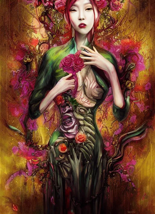 Prompt: elegant flowers, gorgeous korean goddess, beautiful zombie, necronom v painting by lise deharme and hr giger, lovecraft, vibrant color scheme, v - neck blouse
