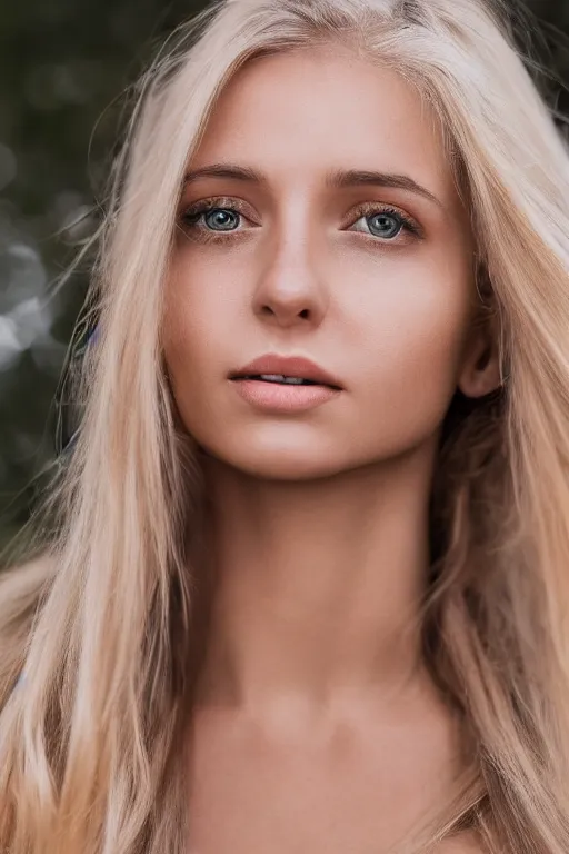 Image similar to head shot photo of a olive skinned blonde female model in her twenties, silky hair, wearing a designer top, looking content, photo realistic, extreme detail skin, natural beauty, no filter, slr, golden hour, 4 k, high definition, selfie