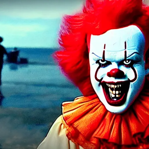 Image similar to Pennywise the Clown from It (2017) as a background cameo in Top Gun Maverick (2022)