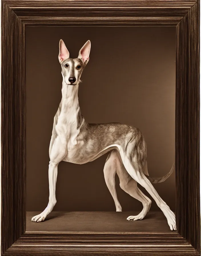 Image similar to an elegant portrait photo of a greyhound in the renaissance style, ultra detaile, 8 k, award winning, elegant lighting