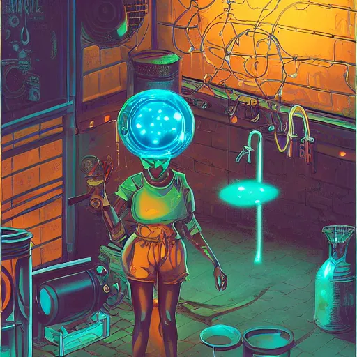 Prompt: a black girl in a steampunk alchemy lab with glowing bubbles of light by dan mumford, oil on canvas, vibrant color scheme