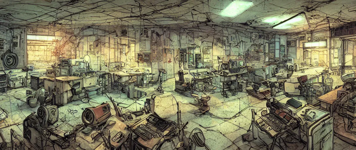 Image similar to abandoned laboroatory from cold war era, room full of cold war era computers, faded out colors place mosquet painting digital illustration hdr stylized digital illustration video game icon global illumination ray tracing advanced technology that looks like it is from borderlands and by feng zhu and loish and laurie greasley, victo ngai, andreas rocha, john harris