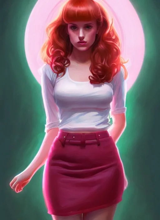 Image similar to full body portrait of teenage cheryl blossom, bangs, green eyes, sultry expression, red hair, sultry smirk, bangs and wavy hair, pink skirt, intricate, elegant, glowing lights, highly detailed, digital painting, artstation, concept art, smooth, sharp focus, illustration, art by wlop, mars ravelo and greg rutkowski