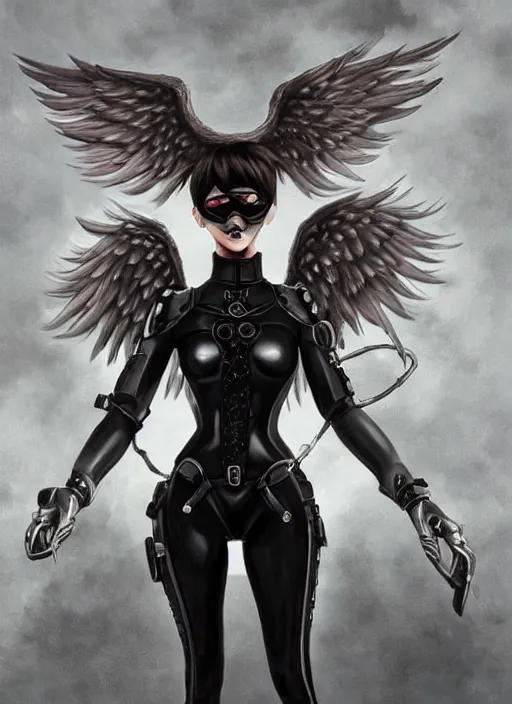 Image similar to full body artwork of tracer overwatch, wearing black latex outfit, in style of zdzisław beksinski, angel wings, dramatic painting, wearing detailed steel collar, black shiny armor, chains, black harness, detailed face and eyes,