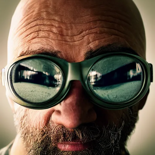 Image similar to portrait photo of a bald wrinkly yellow man with stubble wearing thick round goggles and big hazel eyes, he looks like a human minion hybrid, moody lighting, realistic facial features, hyper detailed, crlear image, leica, 2 4 mm lens