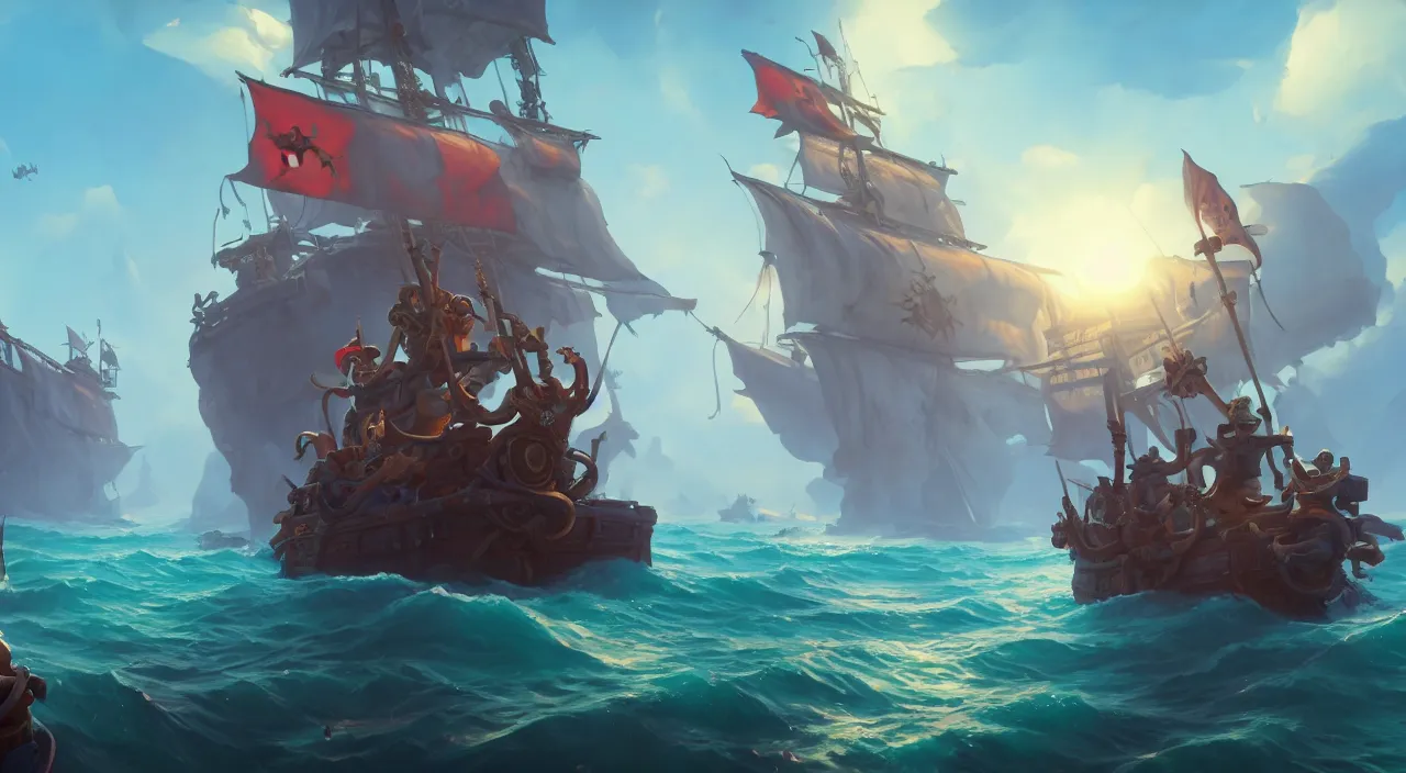 Prompt: pirates on a ghost ship with the Jolly Roger flag in the ocean, volumetric lighting, fantasy art overwatch and heartstone video game icon, a detailed matte painting, by RHADS, cgsociety, matte painting, artstation hq, octane render, 8k, by makoto shinkai and Beeple Jorge Jacinto ,Tyler Edlin, philipsue on artstation
