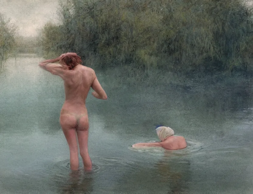 Image similar to peasant with wet hair taking a bath in a lake, back view, cottage core, cinematic focus, polaroid photo bleached vintage pastel colors high - key lighting, soft lights, foggy, by steve hanks, by lisa yuskavage, by serov valentin, by tarkovsky, 8 k render, detailed, oil on canvas