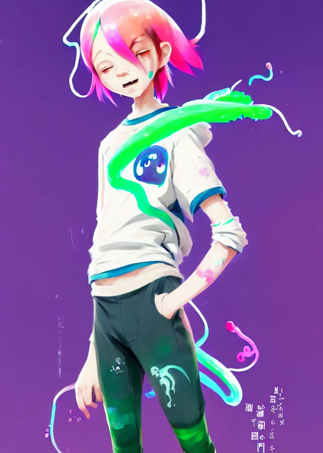 Prompt: a beautiful fullbody portrait of a cute splatoon anime boy with pink hair and green eyes wearing sports clothing tight leggings. character design by cory loftis, fenghua zhong, ryohei hase, ismail inceoglu and ruan jia. artstation, volumetric light, detailed, photorealistic, fantasy, rendered in octane