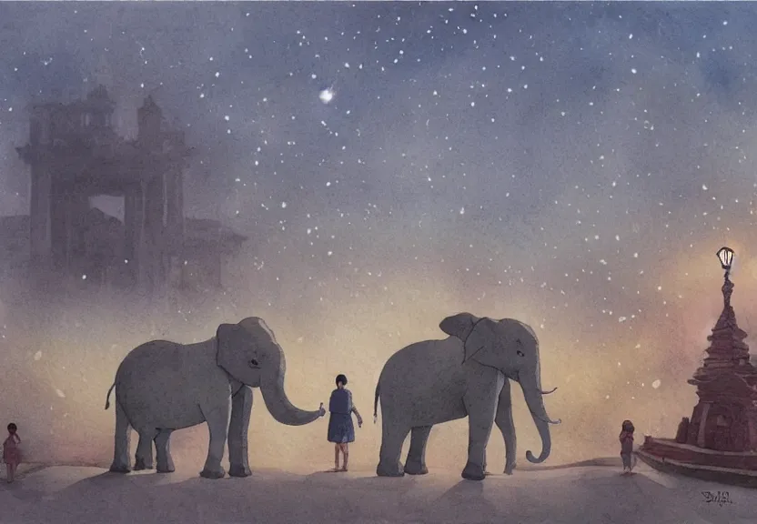 Image similar to a hyperrealist watercolor concept art from a studio ghibli film showing one giant grey elephant. a temple is under construction in the background in india on a misty and starry night. by studio ghibli. very dull muted colors