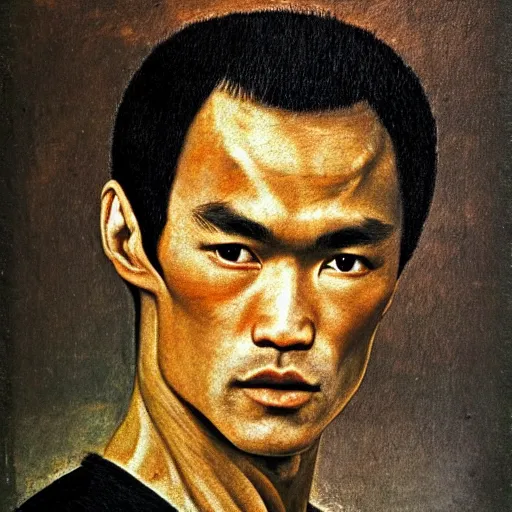 Prompt: portrait of photographic Bruce Lee by Hieronymus Bosch, masterpiece of 16th century, epic, highly detailed, HD, enter the dragon movie look