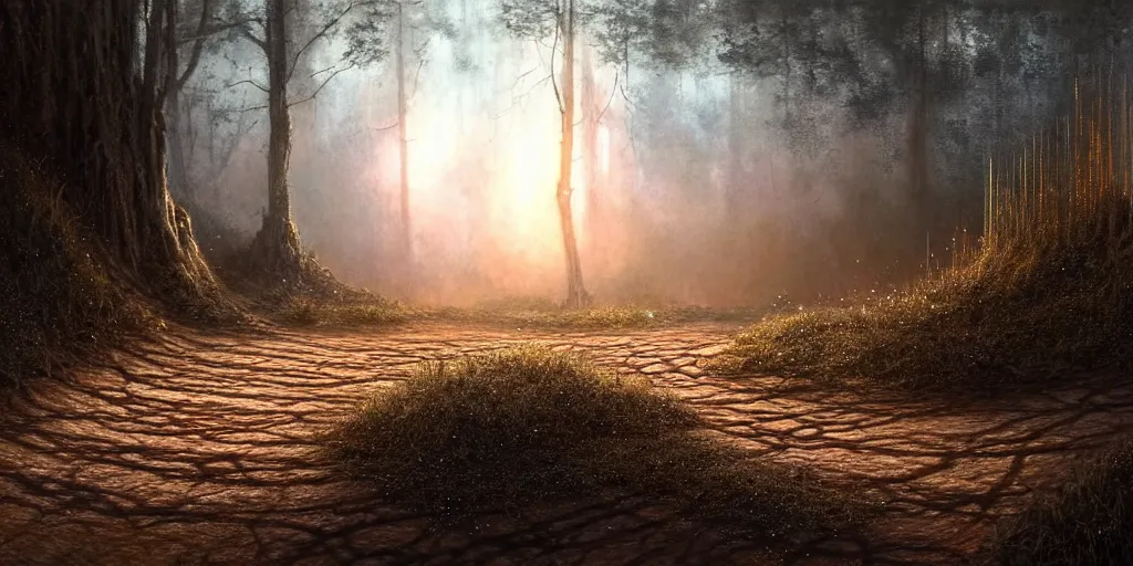 Prompt: hyperrealistic mixed media painting of a dirt trail, stunning 3d render inspired art by P. Craig Russell and Barry Windsor-Smith + dim volumetric lighting, dizzy, full body, 8k octane beautifully detailed render, post-processing, extremely hyperdetailed, intricate, epic composition, grim yet sparkling atmosphere, cinematic lighting + masterpiece, trending on artstation, very very detailed, masterpiece, stunning