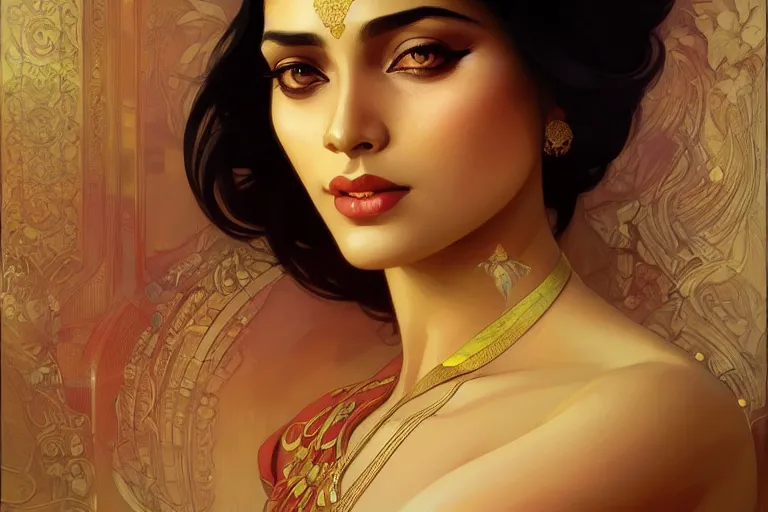 Image similar to sensual pale beautiful bengali girl, art deco portrait, elegant, intricate, digital painting, artstation, concept art, smooth, sharp focus, illustration, art by artgerm and greg rutkowski and alphonse mucha