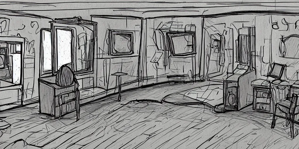 Image similar to a dimly lit, theater dressing room, with a mirror, a chair, a couch, day of the tentacle style, drawn by Peter Chan, 5 point perspective