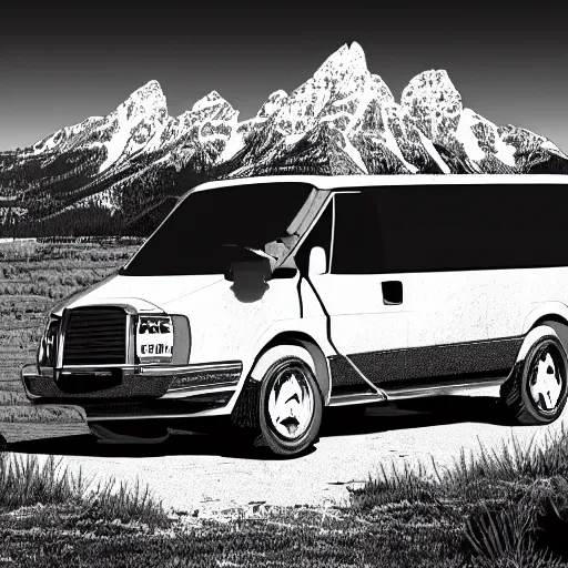 Prompt: a cyberpunk illustration of the view at grand teton national park with a white ford transit van in the background, digital art