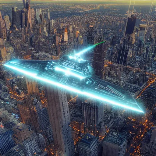 Prompt: 3 d point perspective, extreme long shot of the tip of an incommensurable imperial star destroyer hovering over the sky of new york city, tie fighters patrolling around, golden hour, deep depth of field, make all elements sharp, aerial view, 8 k, octane render, unreal 5, hyperrealistic, symmetrical, intricate digital art, photoshop, cgi art