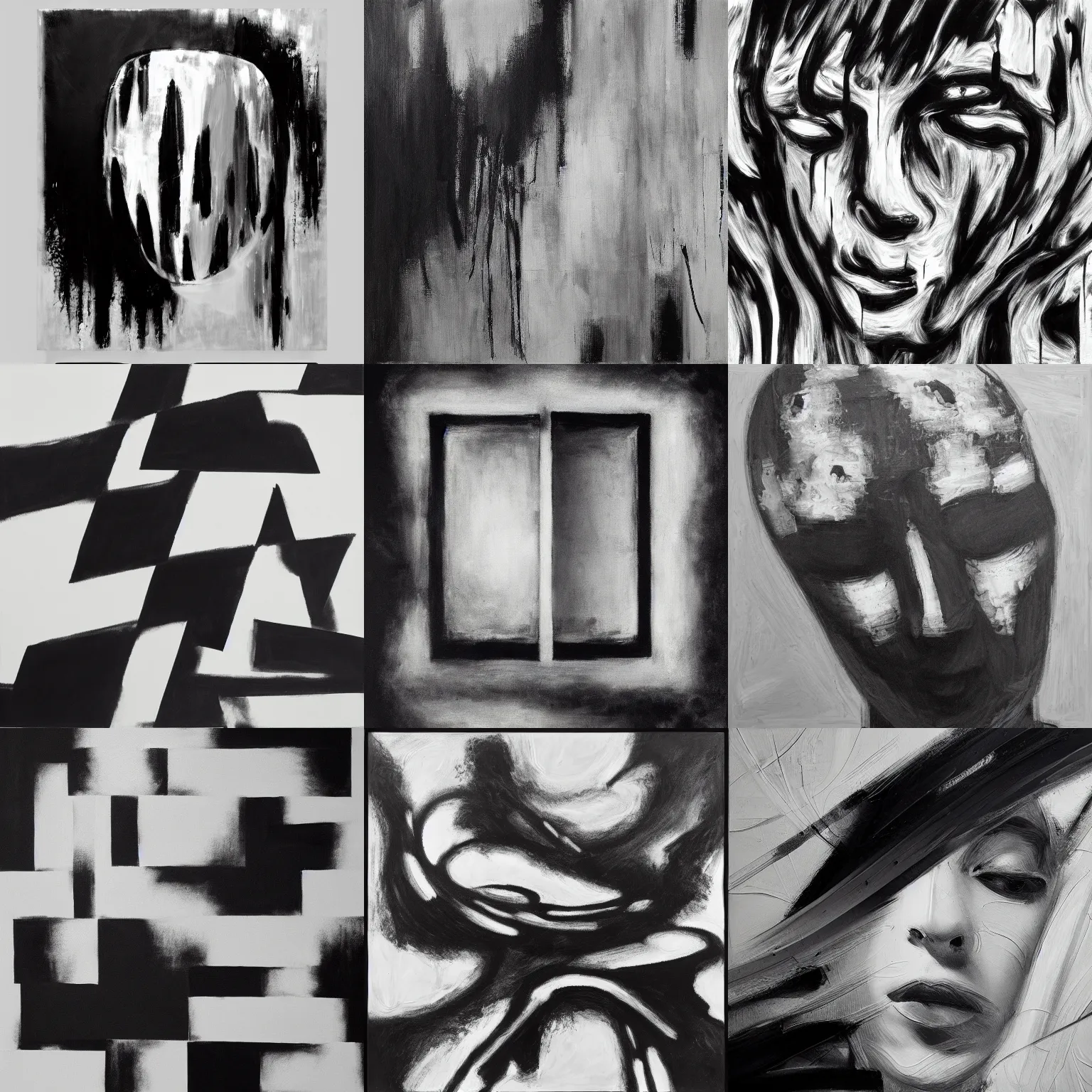 Image similar to a solemn simulacrum, trending on artstation, masterpiece, abstract black and white painting