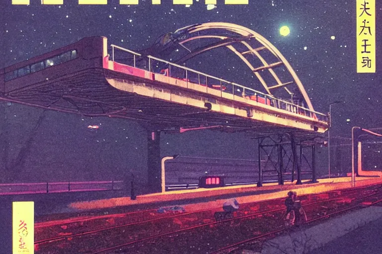 Image similar to 1 9 7 9 omni magazine cover of train bridge going above a park in osaka at night. cyberpunk style by vincent di fate