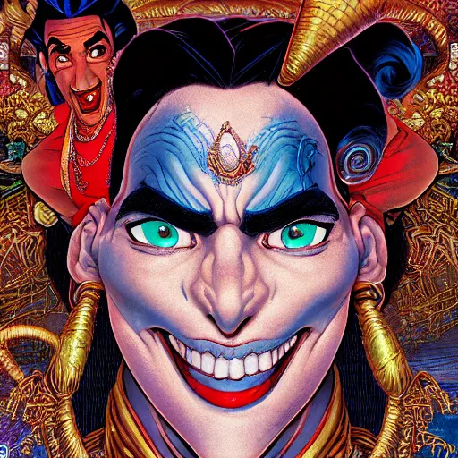 Image similar to portrait closeup of crazy aladdin genie, symmetrical, by yoichi hatakenaka, masamune shirow, josan gonzales and dan mumford, ayami kojima, takato yamamoto, barclay shaw, karol bak, yukito kishiro