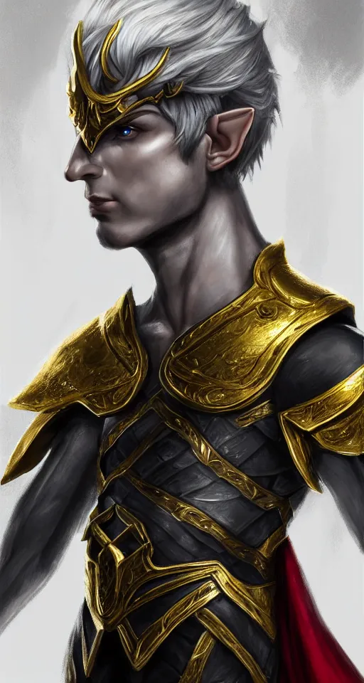 Image similar to A medium shot portrait of a male elf, he is about 20 years old, attractive, lean but muscular, serious composure, short silver hair, prideful look, he is wearing black heavy armor with gold plating and a red cape, highly detailed portrait, digital painting, ArtStation, concept art, smooth, sharp focus illustration, ArtStation HQ