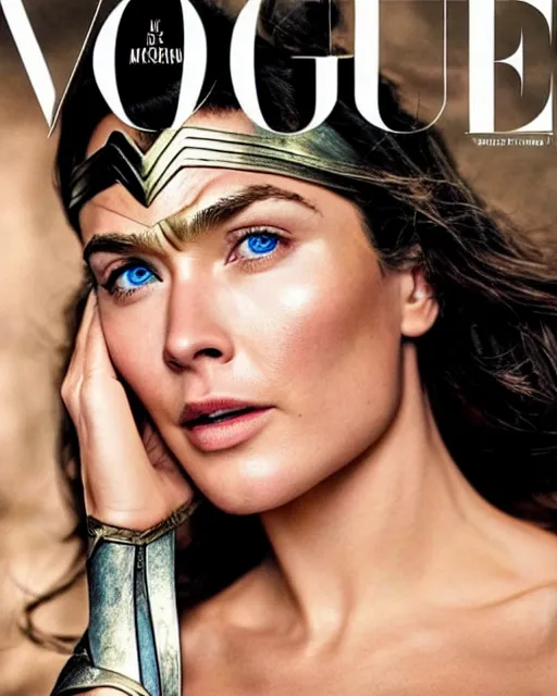 Image similar to Chris Hemsworth as Wonder Woman, Vogue cover photo, realistic face, detailed face, highly detailed, professional photo