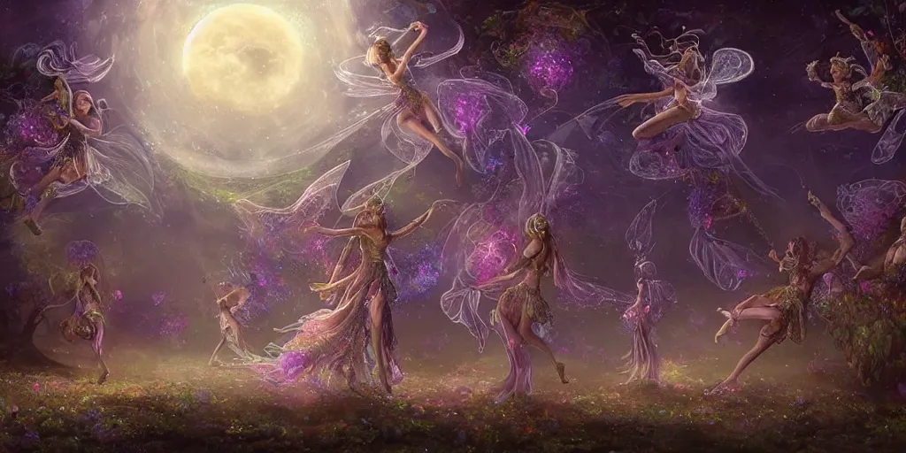 Image similar to concept art of translucent glowing fairies dancing, lovecraftian, renaissance, melting, round moon, rich clouds, moon rocks, large alien flowers, very detailed, volumetric light, mist, fine art, textured oil over canvas, epic fantasy art, very colorful, ornate intricate shiny scales, fractal gems